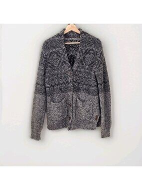 Roots Canada Geometric Pattern Cardigan M Marled Salt Pepper LS Cottage Chunky